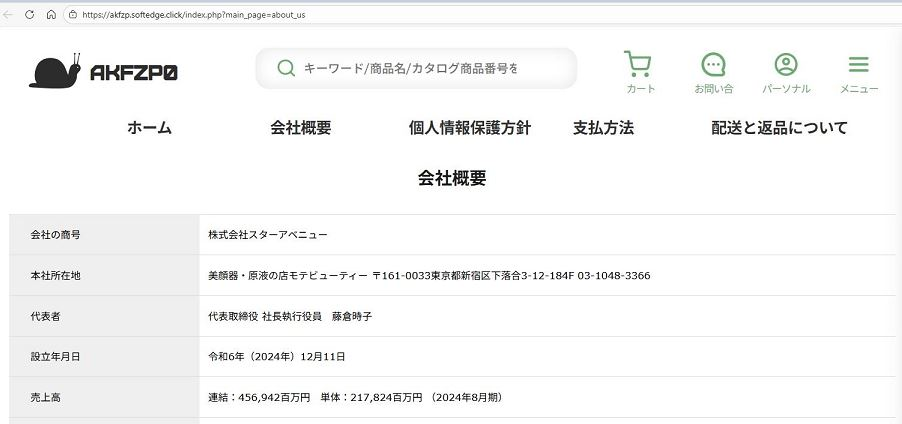 偽サイトの例（なりすましサイトの画面）