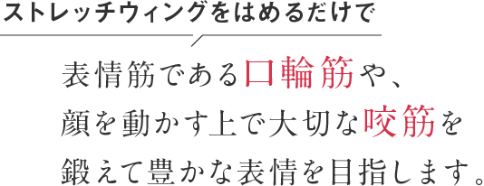 ストレッチウィングをはめるだけで表情筋である口輪筋や、顔を動かす上で大切な咬筋を鍛えて豊かな表情を目指します。